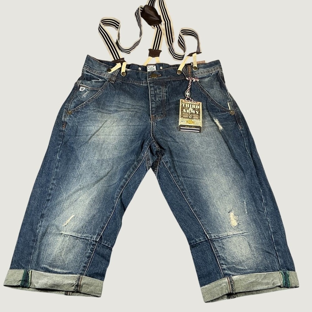 Third & Army Mens 34 Denim Crop Pants Suspenders Utility Workwear NWT